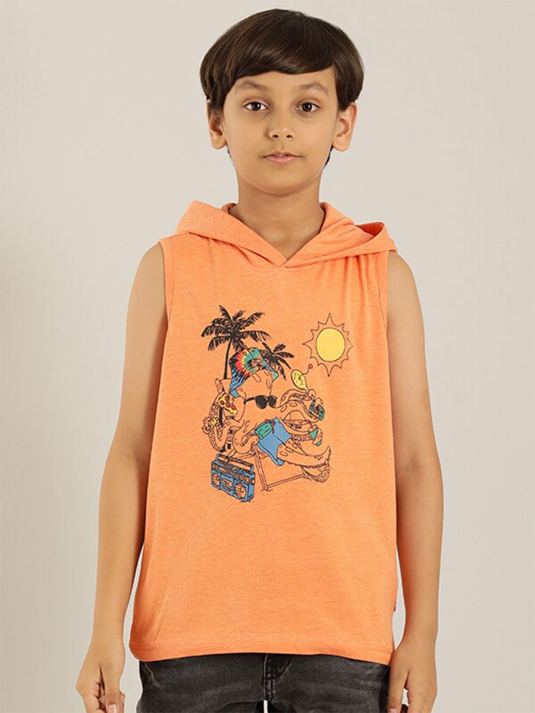 

Indian Terrain Boys Graphic Printed Hooded Pure Cotton T-shirt, Orange