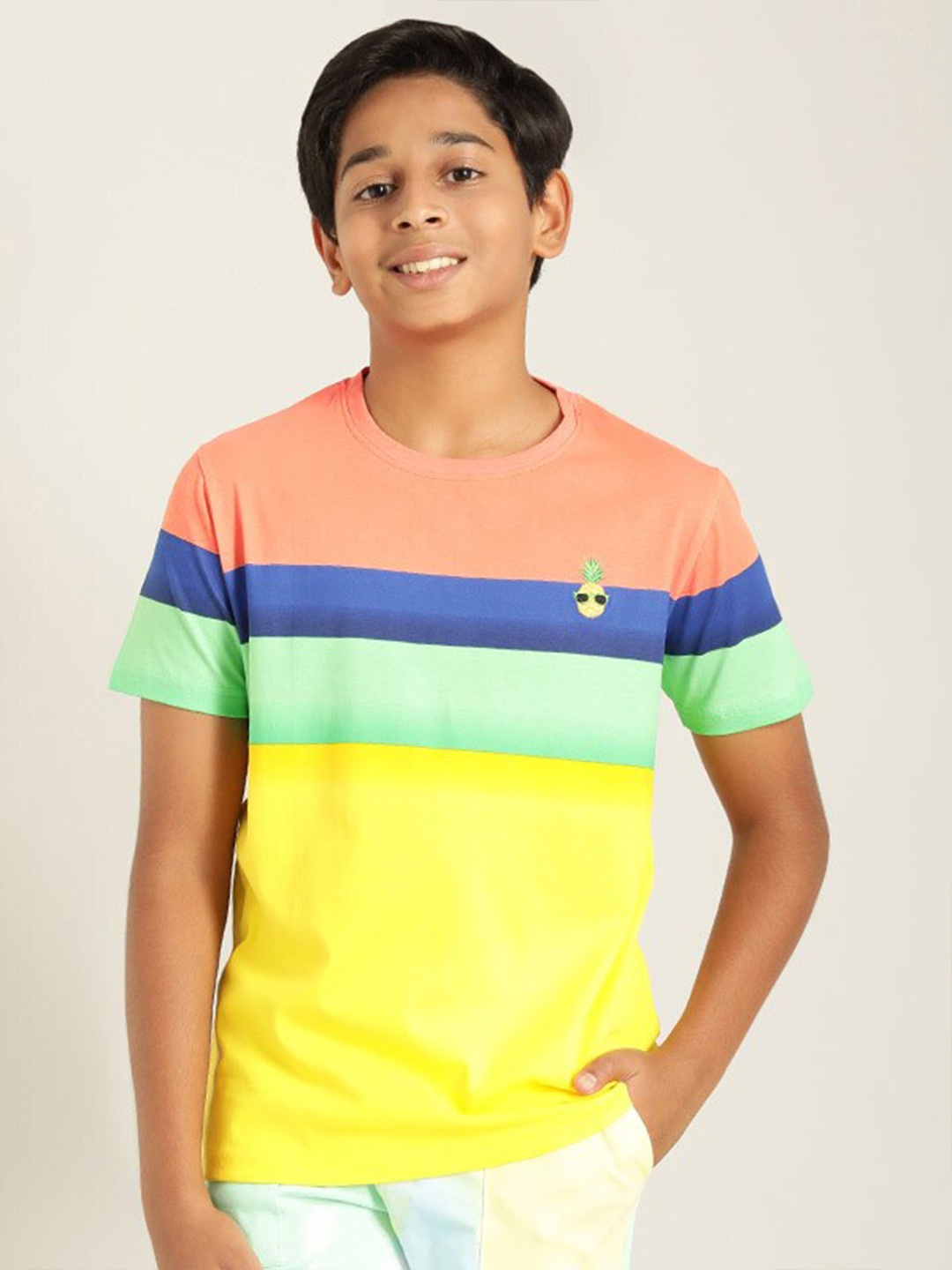 

Indian Terrain Boys Striped Pure Cotton T-shirt, Yellow