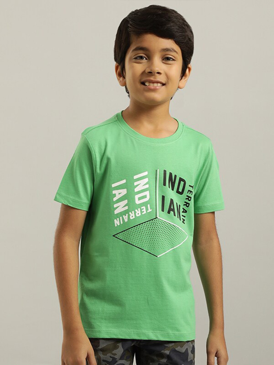 

Indian Terrain Boys Typography Printed Pure Cotton T-shirt, Green