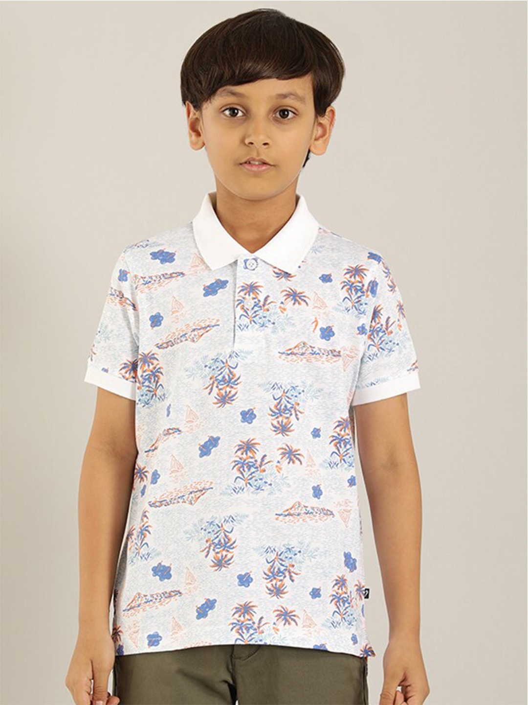 

Indian Terrain Boys Tropical Printed Polo Collar Pure Cotton T-shirt, White