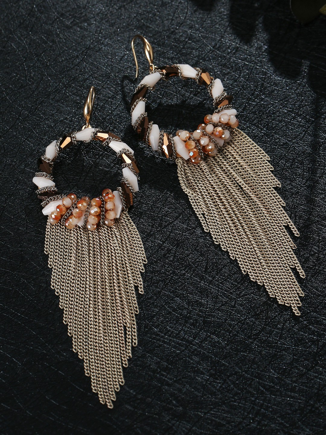 

Jewels Galaxy Beige Gold-Plated Circular Stone-Studded Handcrafted Drop Earrings