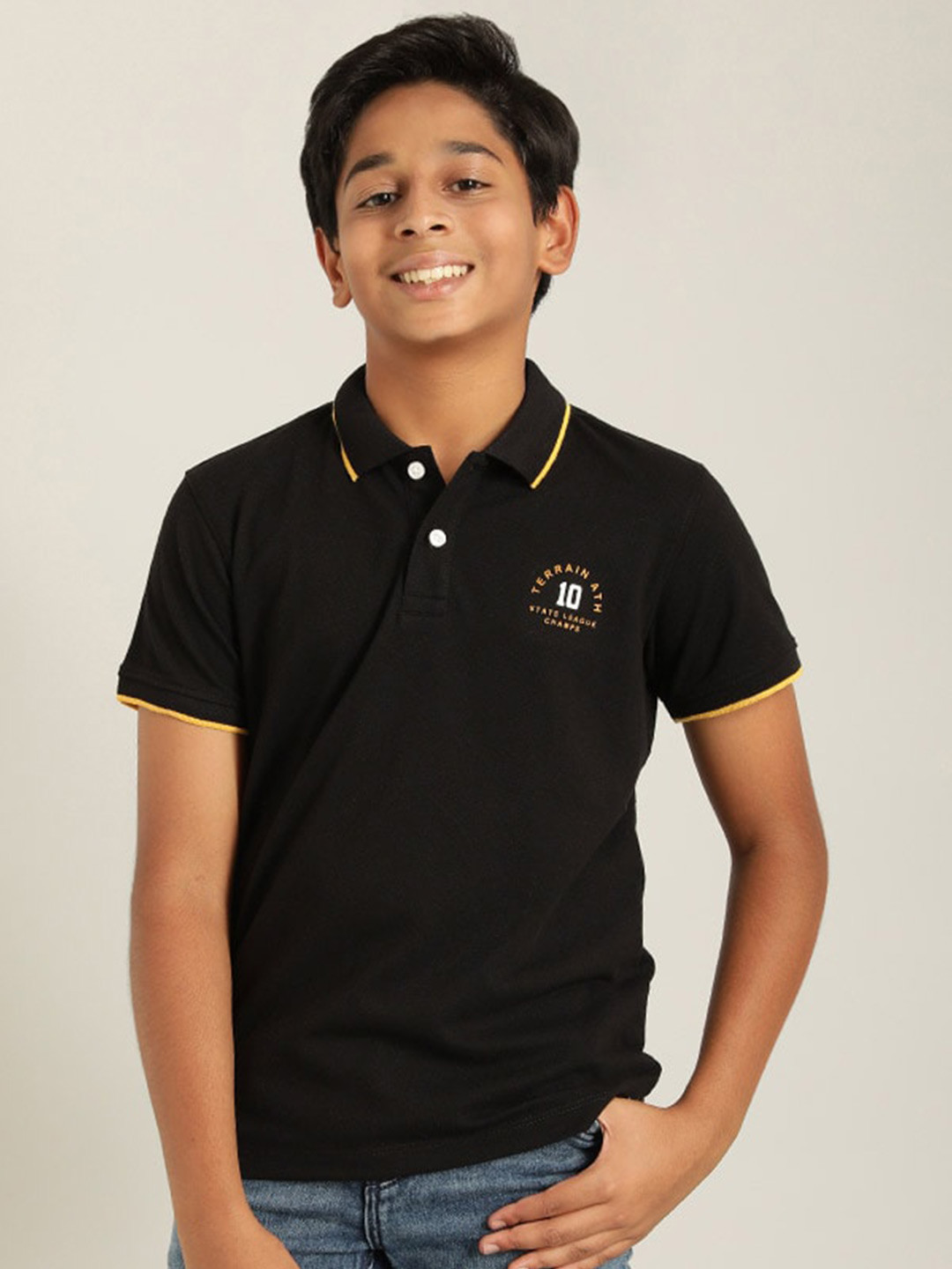 

Indian Terrain Boys Polo Collar Pure Cotton T-shirt, Black