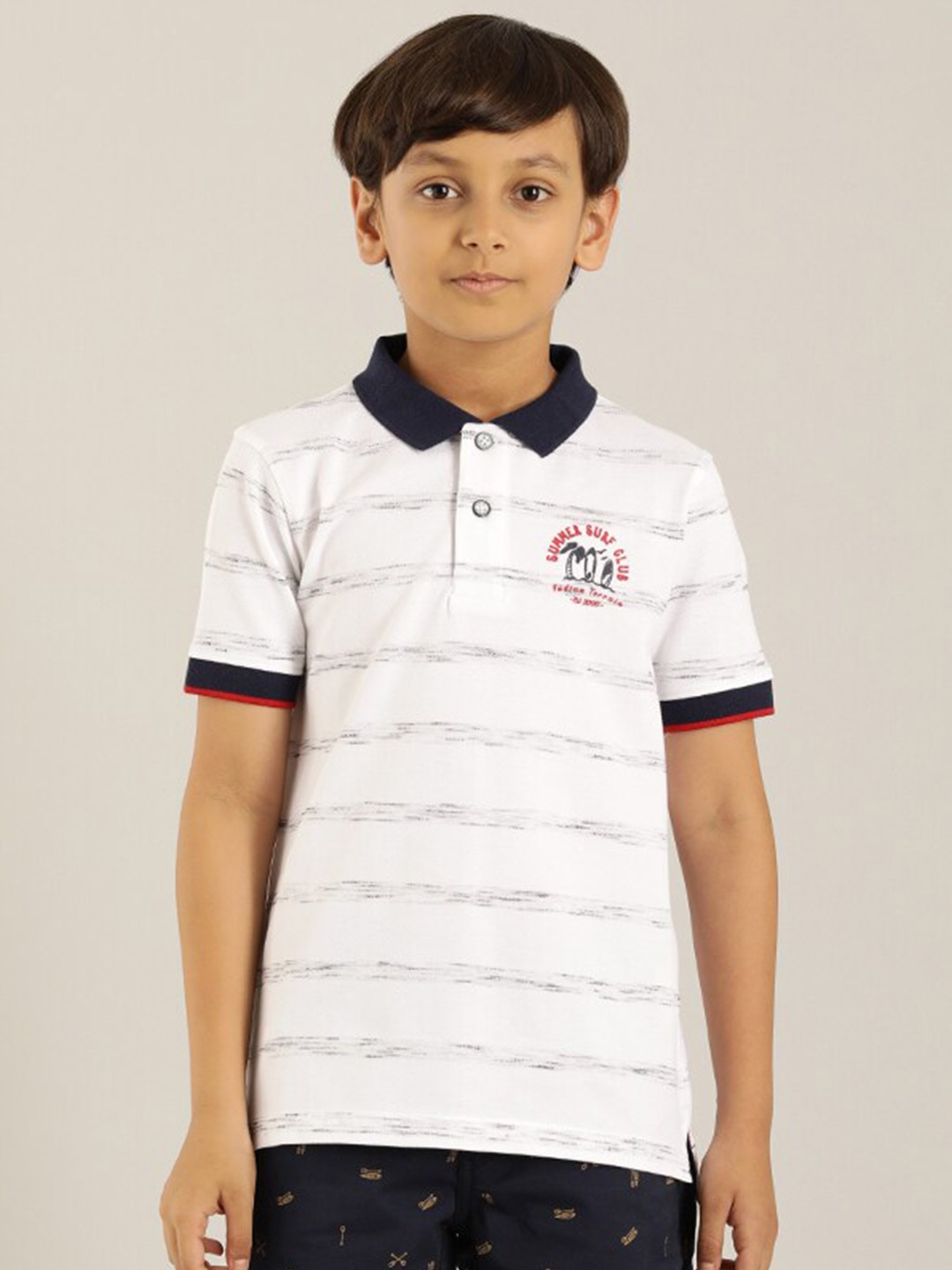 

Indian Terrain Boys Striped Polo Collar Pure Cotton T-shirt, White