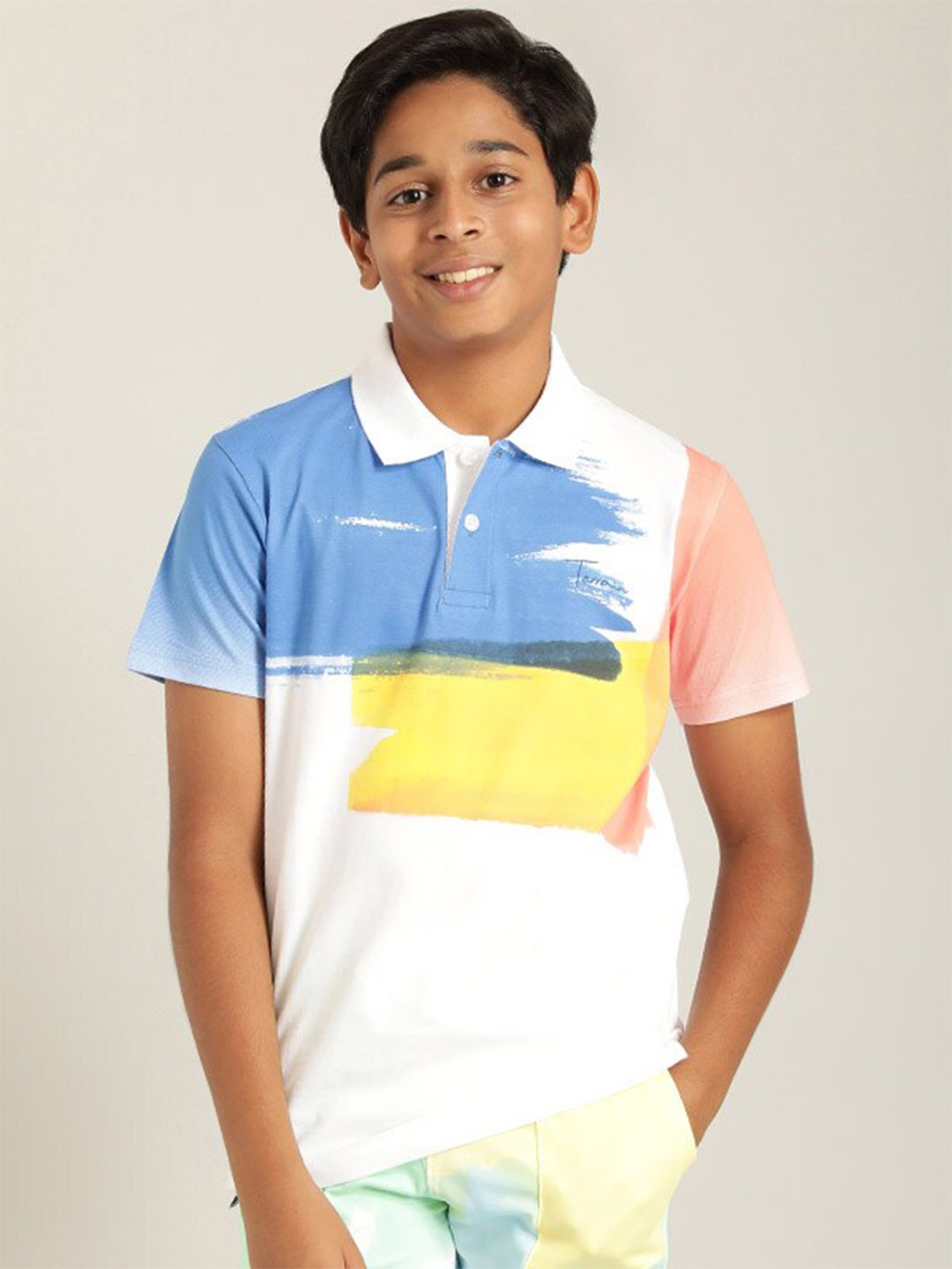 

Indian Terrain Boys Colourblocked Polo Collar Pure Cotton T-shirt, White