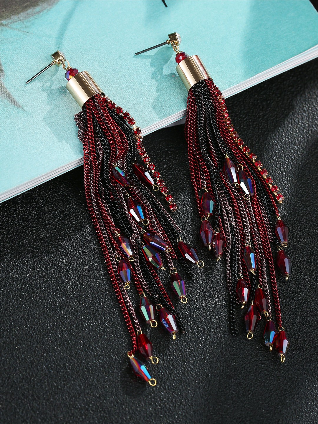 

Jewels Galaxy Red & Black Gold-Plated Stone-Studded Handcrafted Drop Earrings