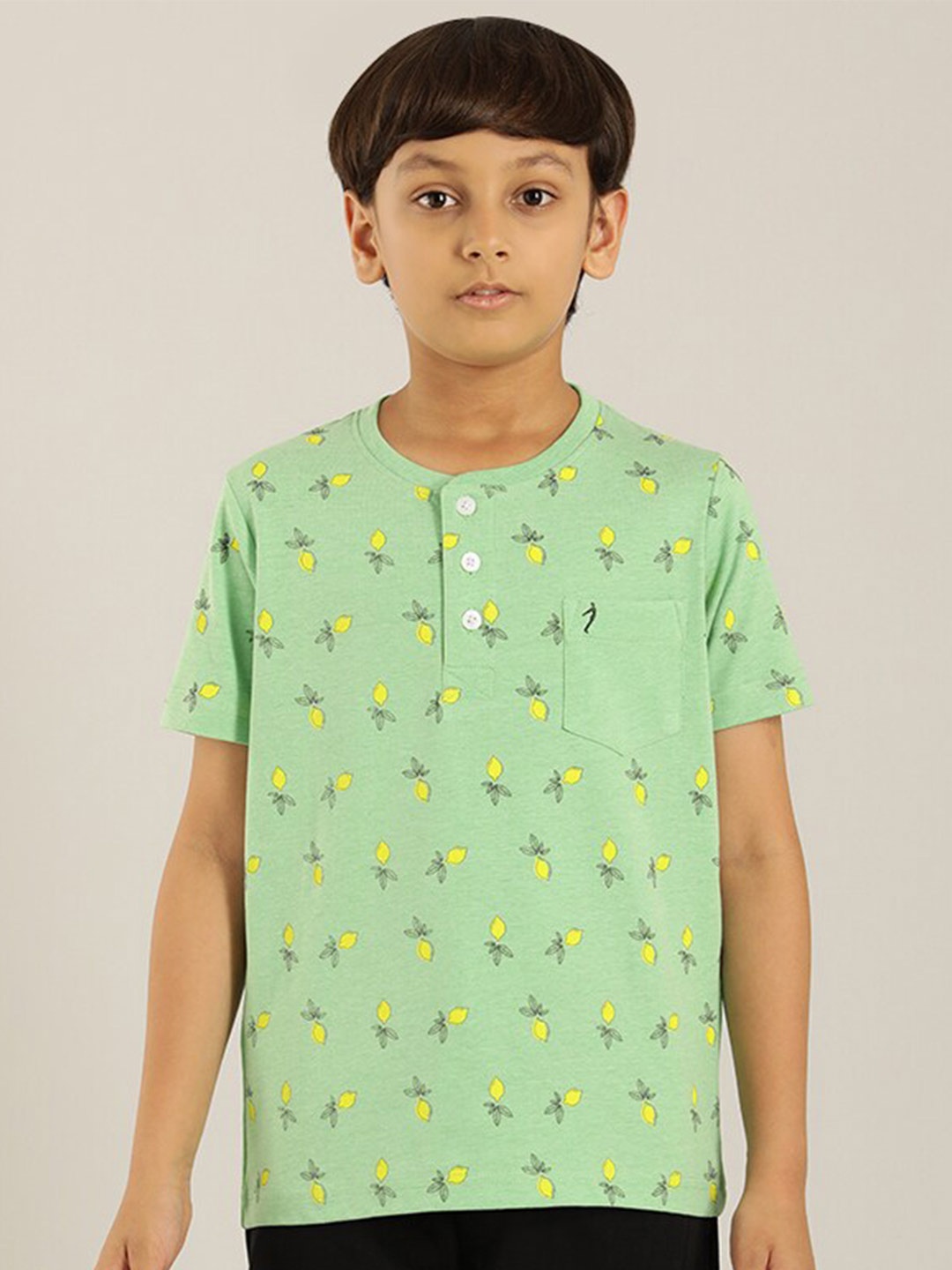 

Indian Terrain Boys Conversational Printed Henley Neck Pure Cotton T-shirt, Green