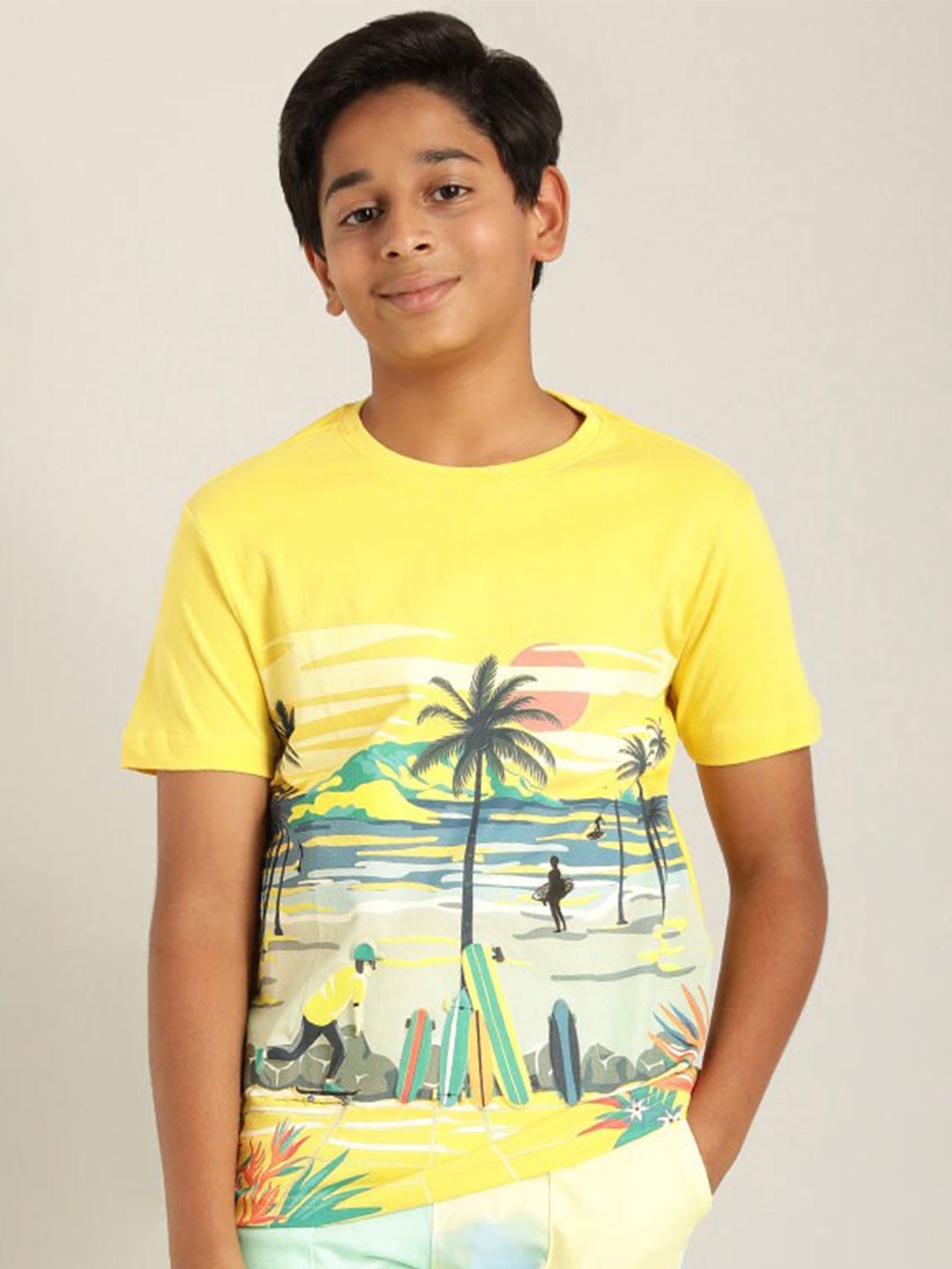 

Indian Terrain Boys Graphic Printed Pure Cotton T-shirt, Yellow
