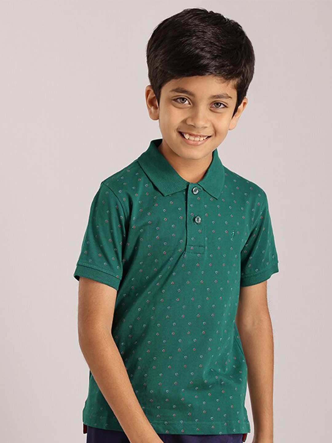 

Indian Terrain Boys Conversational Printed Polo Collar Pure Cotton T-shirt, Green