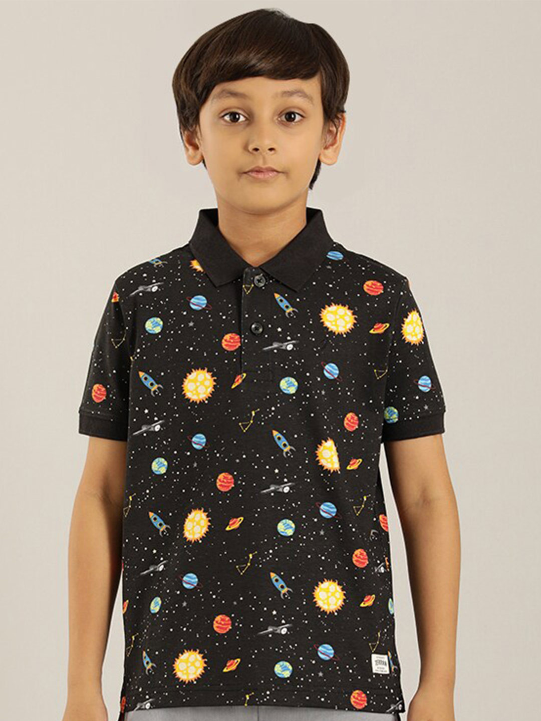 

Indian Terrain Boys Conversational Printed Polo Collar Pure Cotton T-shirt, Black