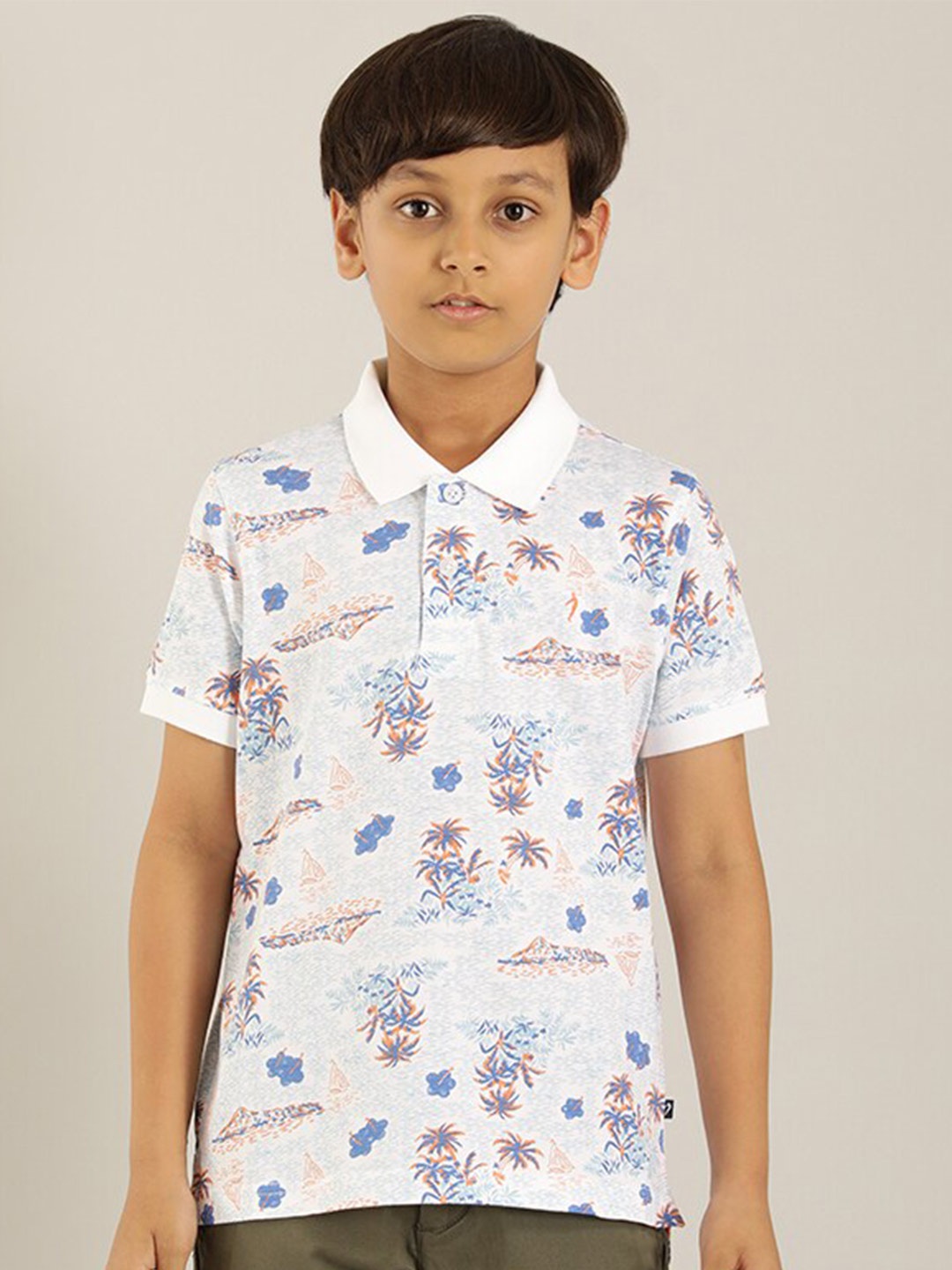 

Indian Terrain Boys Tropical Printed Polo Collar Pure Cotton T-shirt, White
