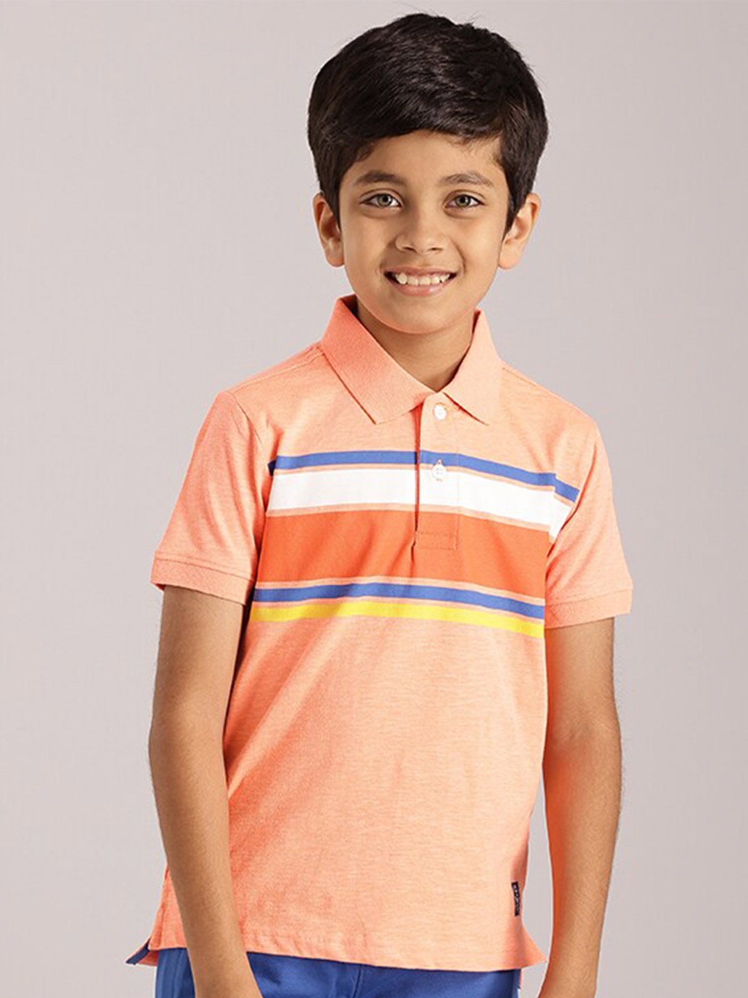 

Indian Terrain Boys Striped Polo Collar Pure Cotton T-shirt, Orange