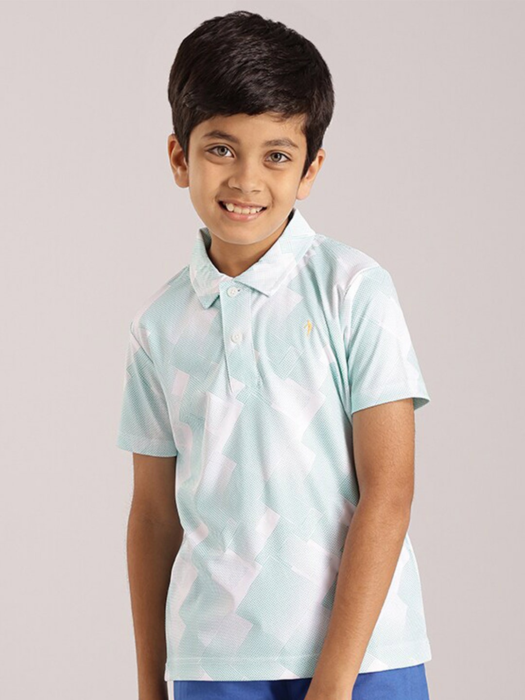 

Indian Terrain Boys Micro Ditsy Printed Polo Collar Pure Cotton T-shirt, Green