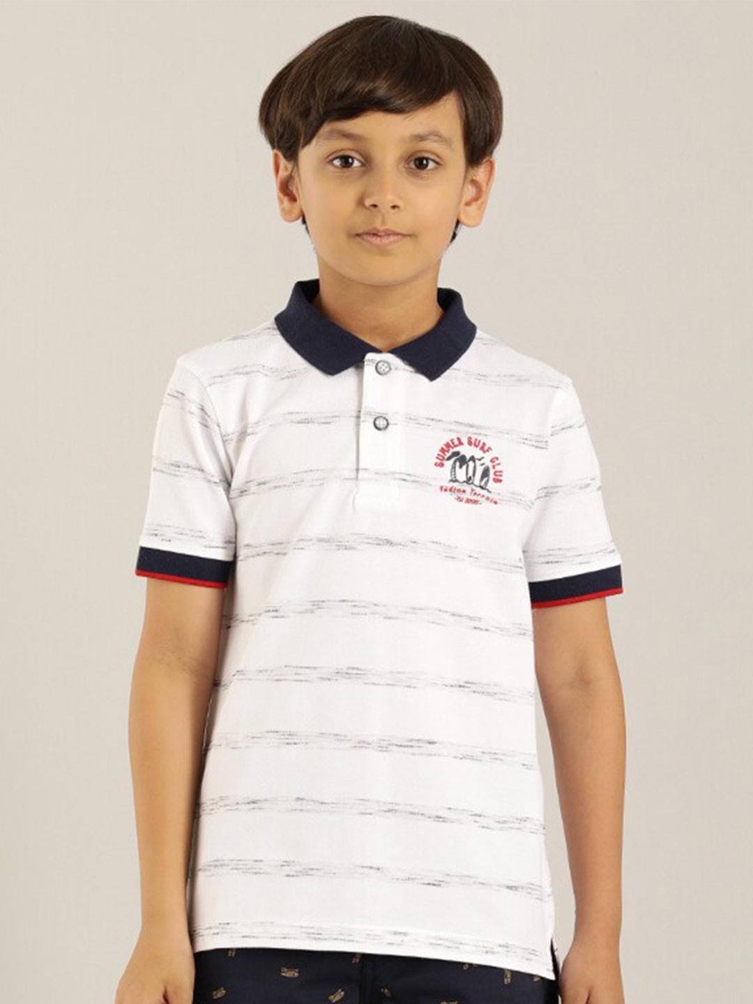 

Indian Terrain Boys Striped Polo Collar Pure Cotton T-shirt, White