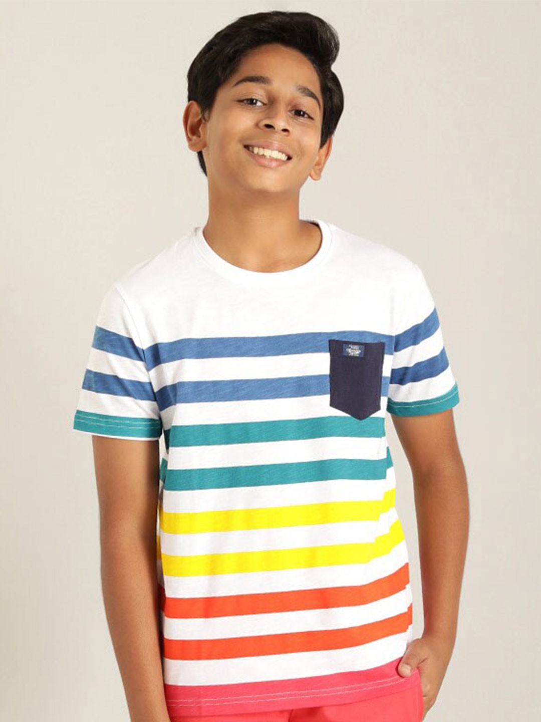 

Indian Terrain Boys Striped Pure Cotton T-shirt, White