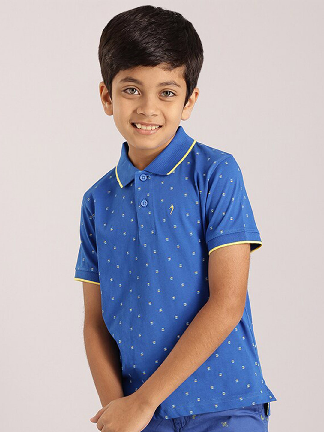

Indian Terrain Boys Micro Ditsy Printed Polo Collar Pure Cotton T-shirt, Blue