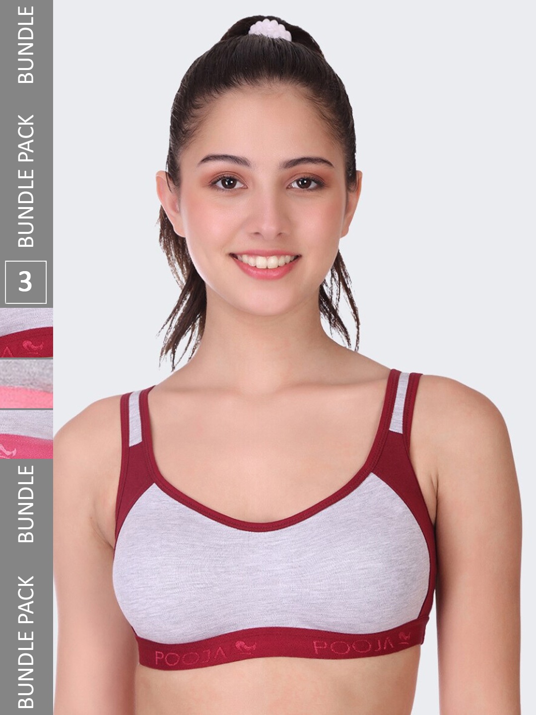 

POOJA RAGENEE Pack Of 3 Non-Wired Non-Padded Anti-Bacterial Cotton Sports Bra, Red