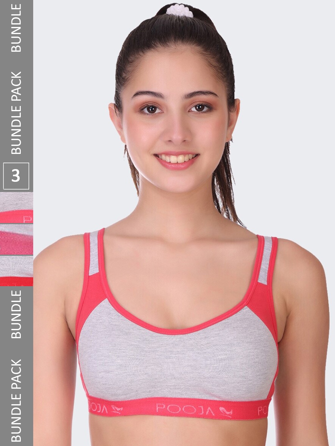 

POOJA RAGENEE Pack Of 3 Non-Wired Non-Padded Anti-Bacterial Cotton Sports Bra, Red