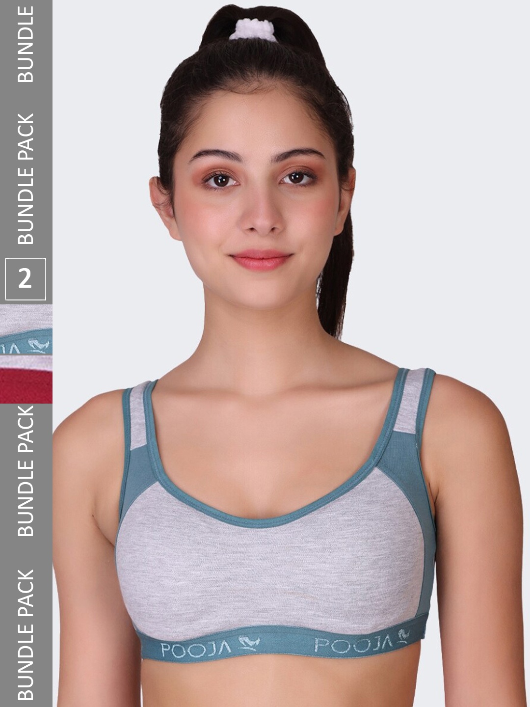 

POOJA RAGENEE Pack Of 2 Non-Wired Non-Padded Anti-Bacterial Cotton Sports Bra, Grey