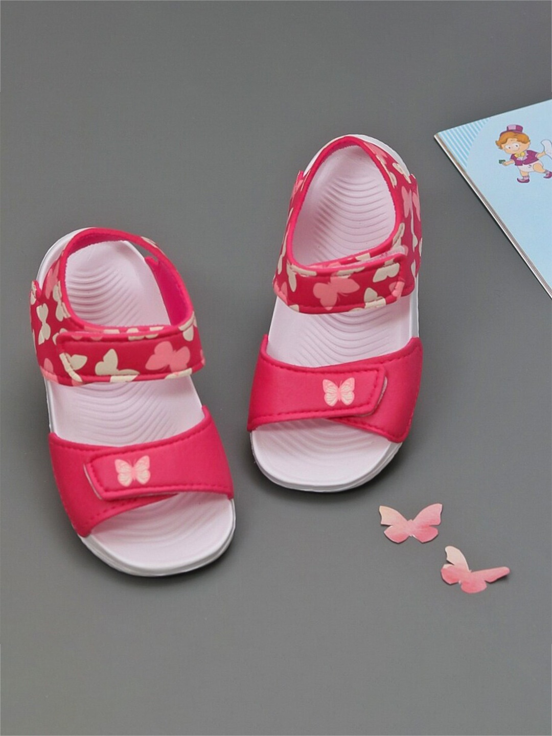 

Yellow Bee Girls Butterfly Printed Open Toe Flats With Velcro Closure, Pink