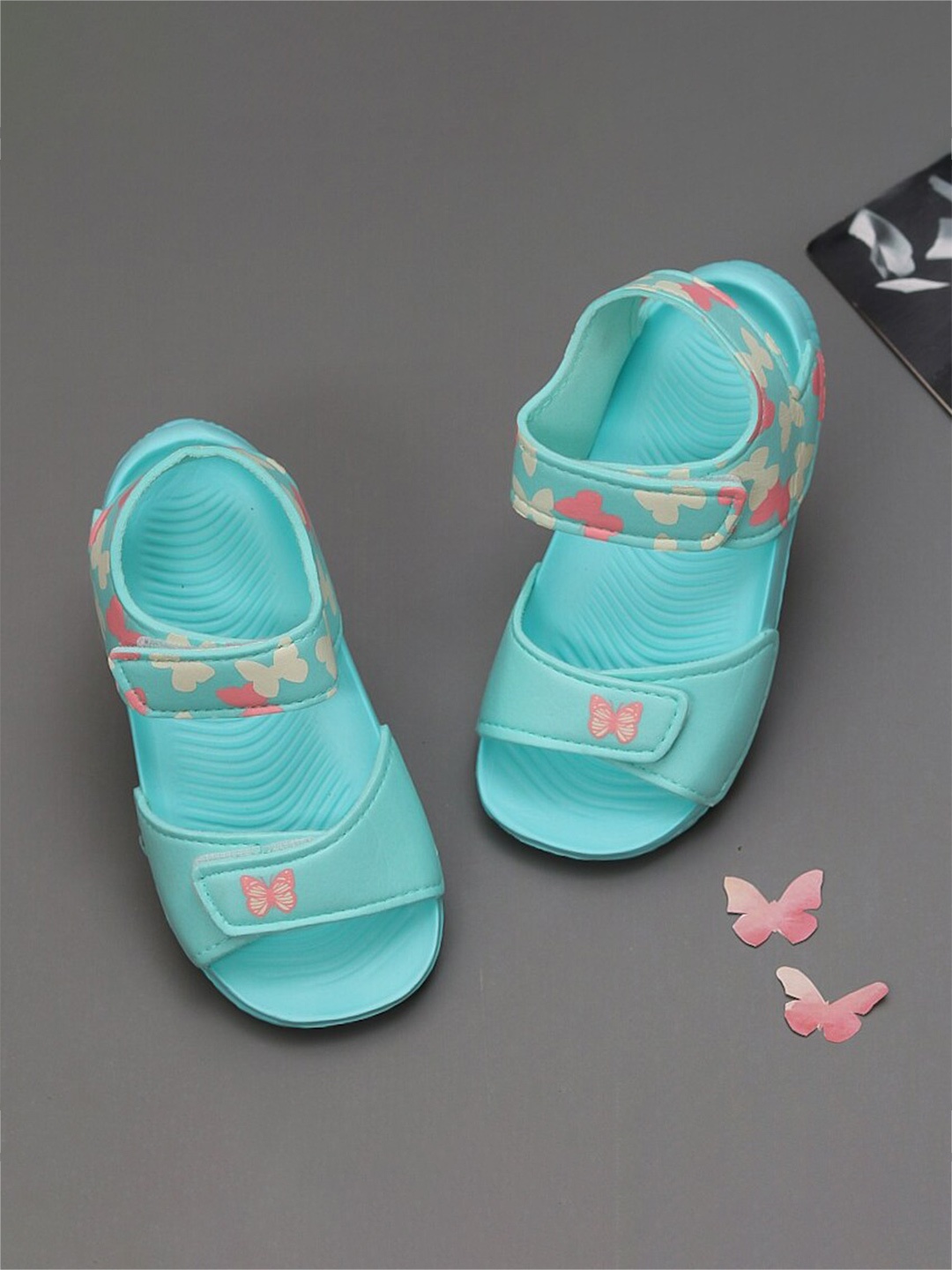 

Yellow Bee Girls Butterfly Printed Open Toe Flats, Turquoise blue
