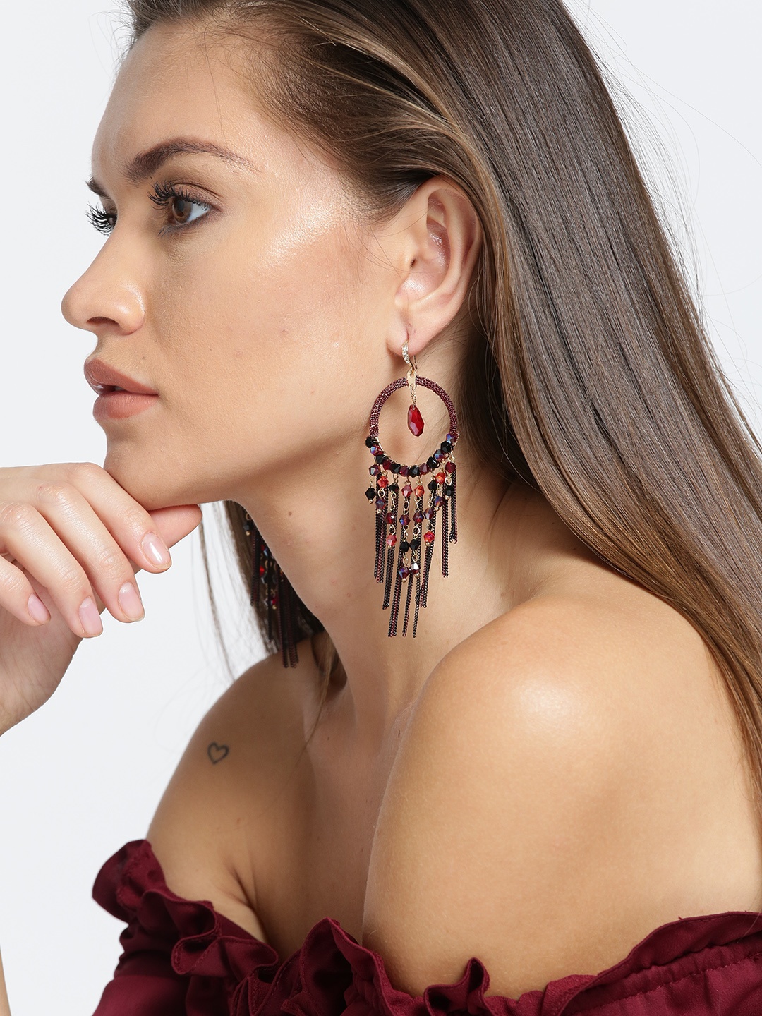 

Jewels Galaxy Maroon Gold-Plated Tasselled Beaded Handcrafted Drop Earrings