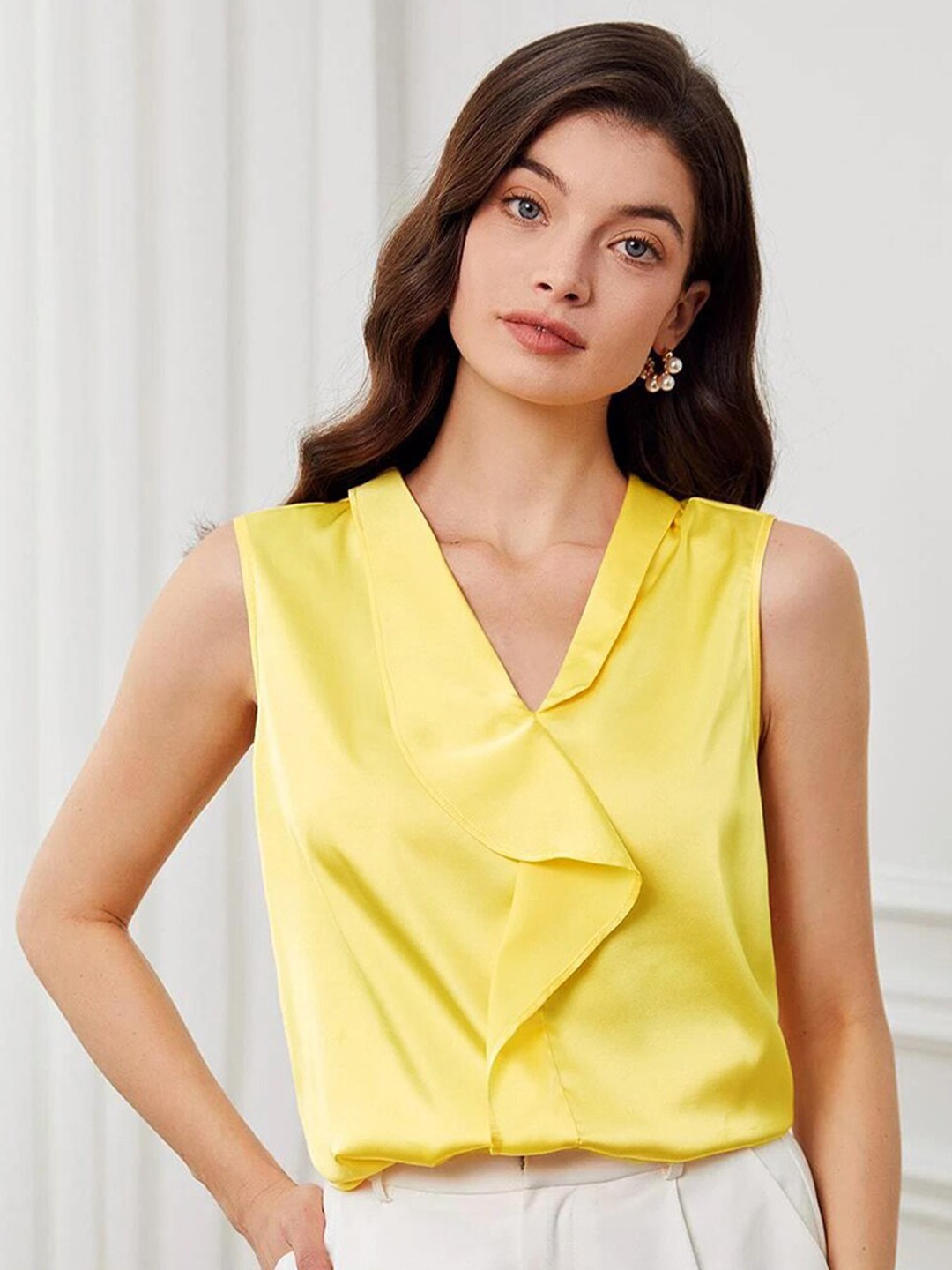 

KOTTY BIZwear Yellow V-Neck Sleeveless Satin Top