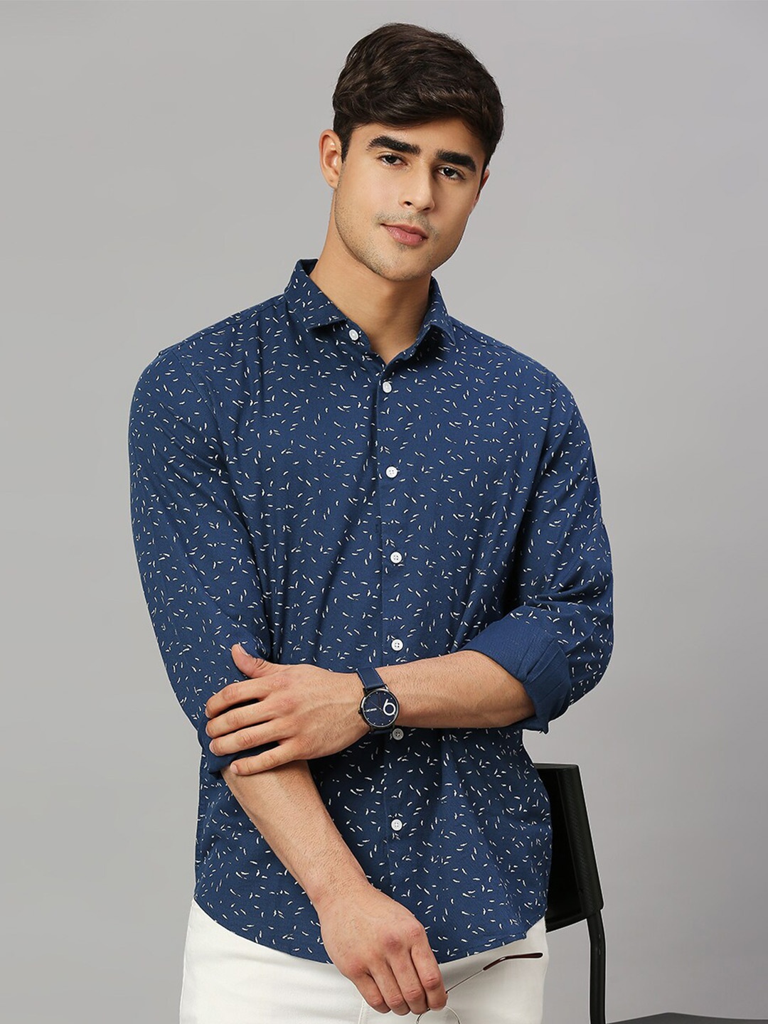 

Mast & Harbour Navy Blue Classic Micro Ditsy Printed Slim Fit Casual Shirt