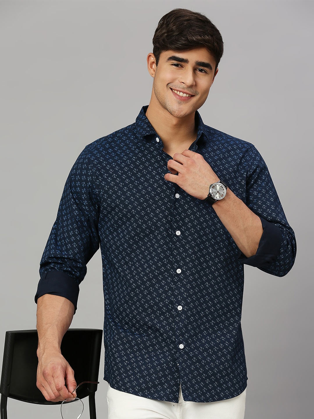 

Mast & Harbour Navy Blue Classic Geometric Printed Slim Fit Casual Shirt