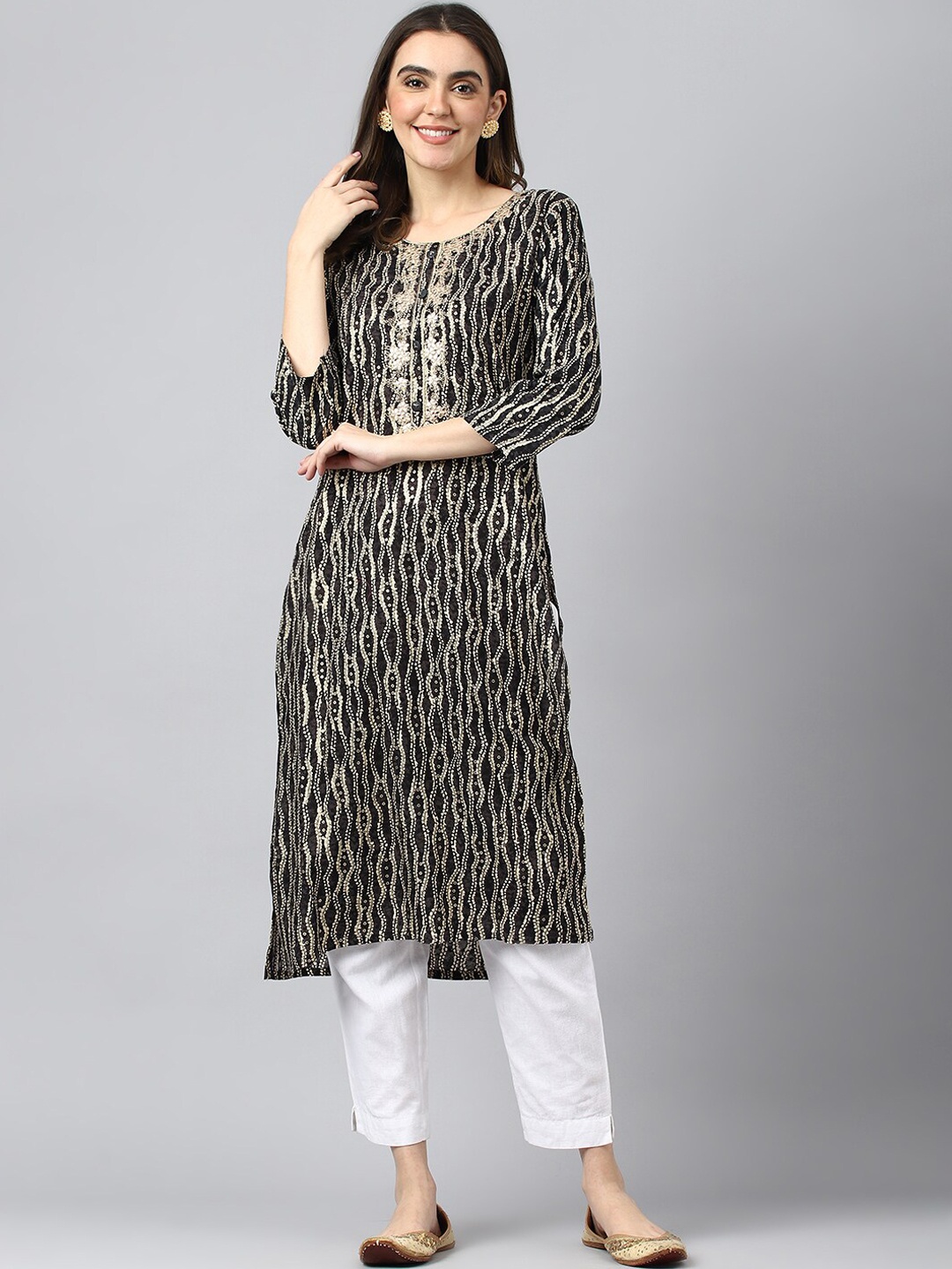 

KALINI Ethnic Motifs Printed Sequinned Kurta, Black