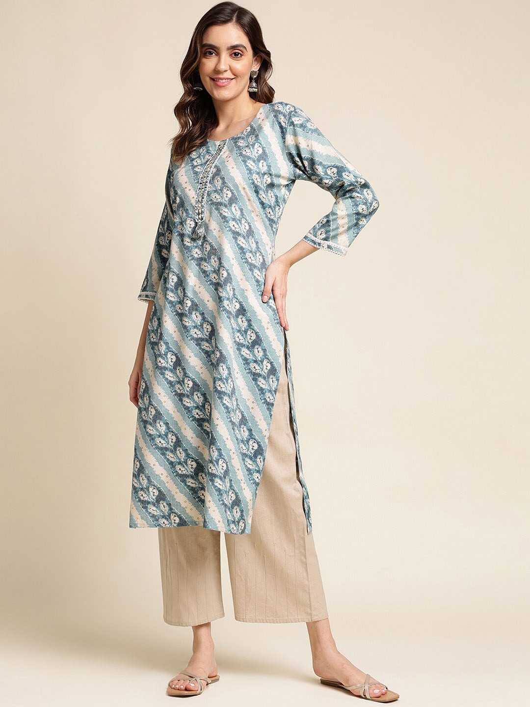 

KALINI Striped Straight Regular Kurta, Blue
