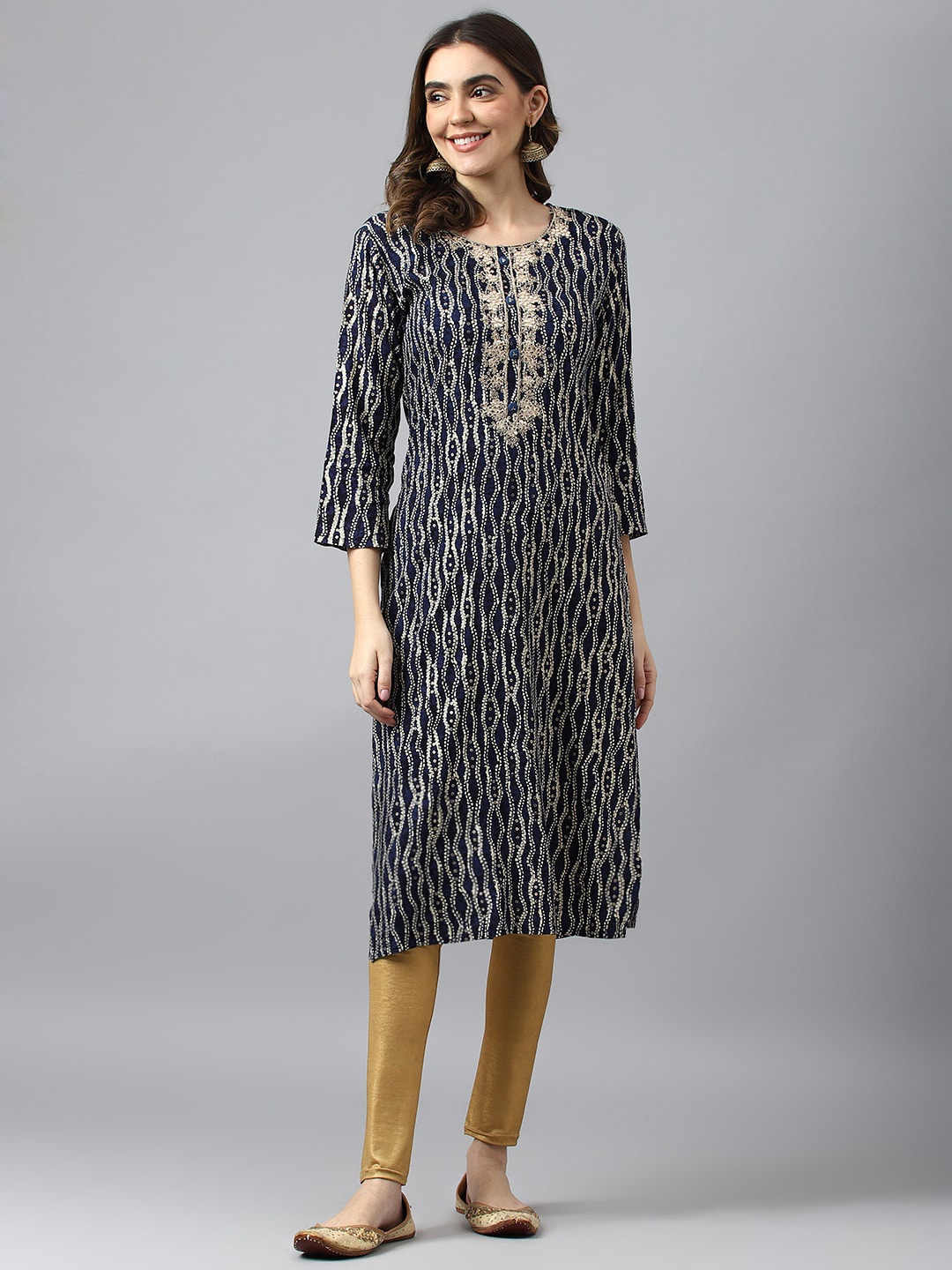 

KALINI Striped Straight Regular Kurta, Navy blue