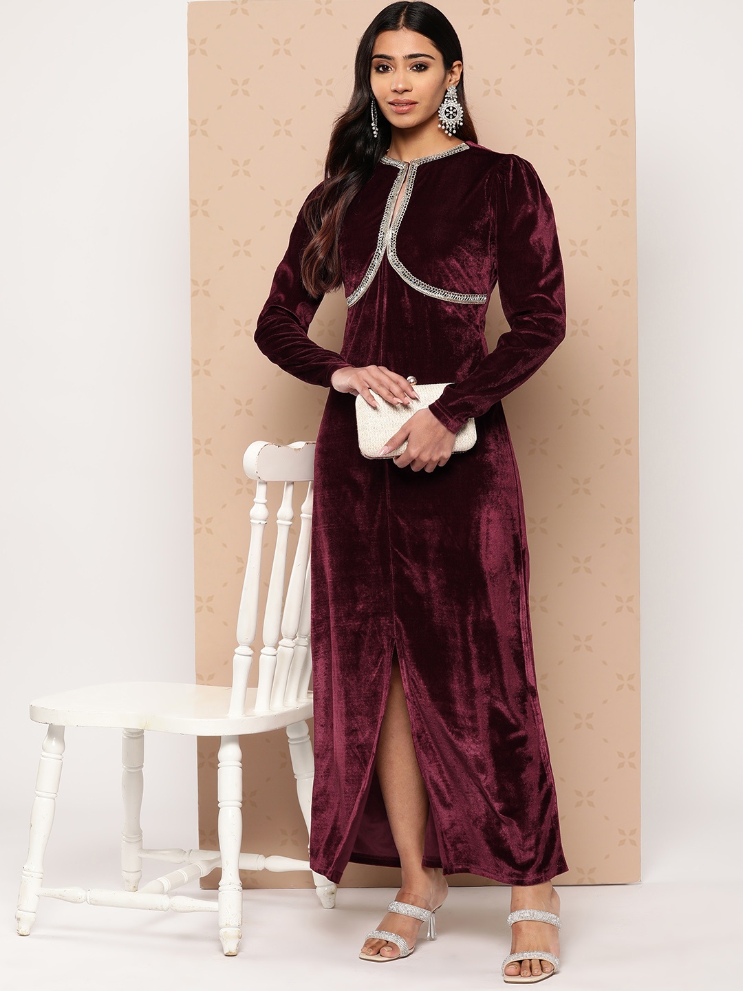 

Sangria Mirror Work Velvet Maxi Slit Ethnic Dress, Maroon