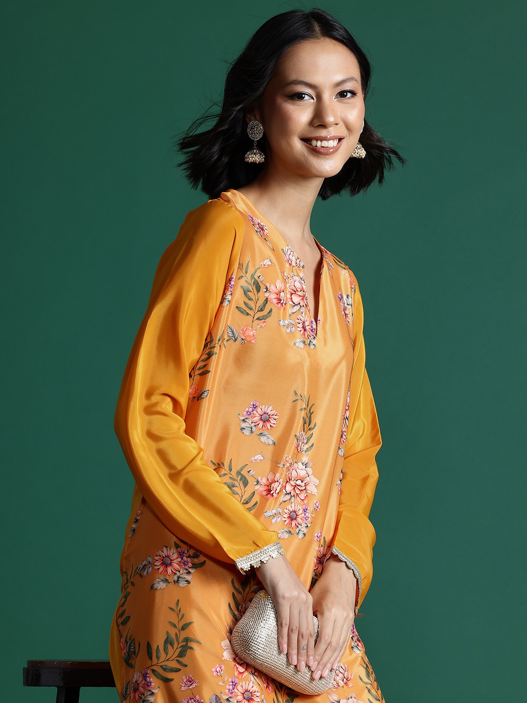 

Sangria Floral Print Gotta Patti Kurta with Salwar, Mustard