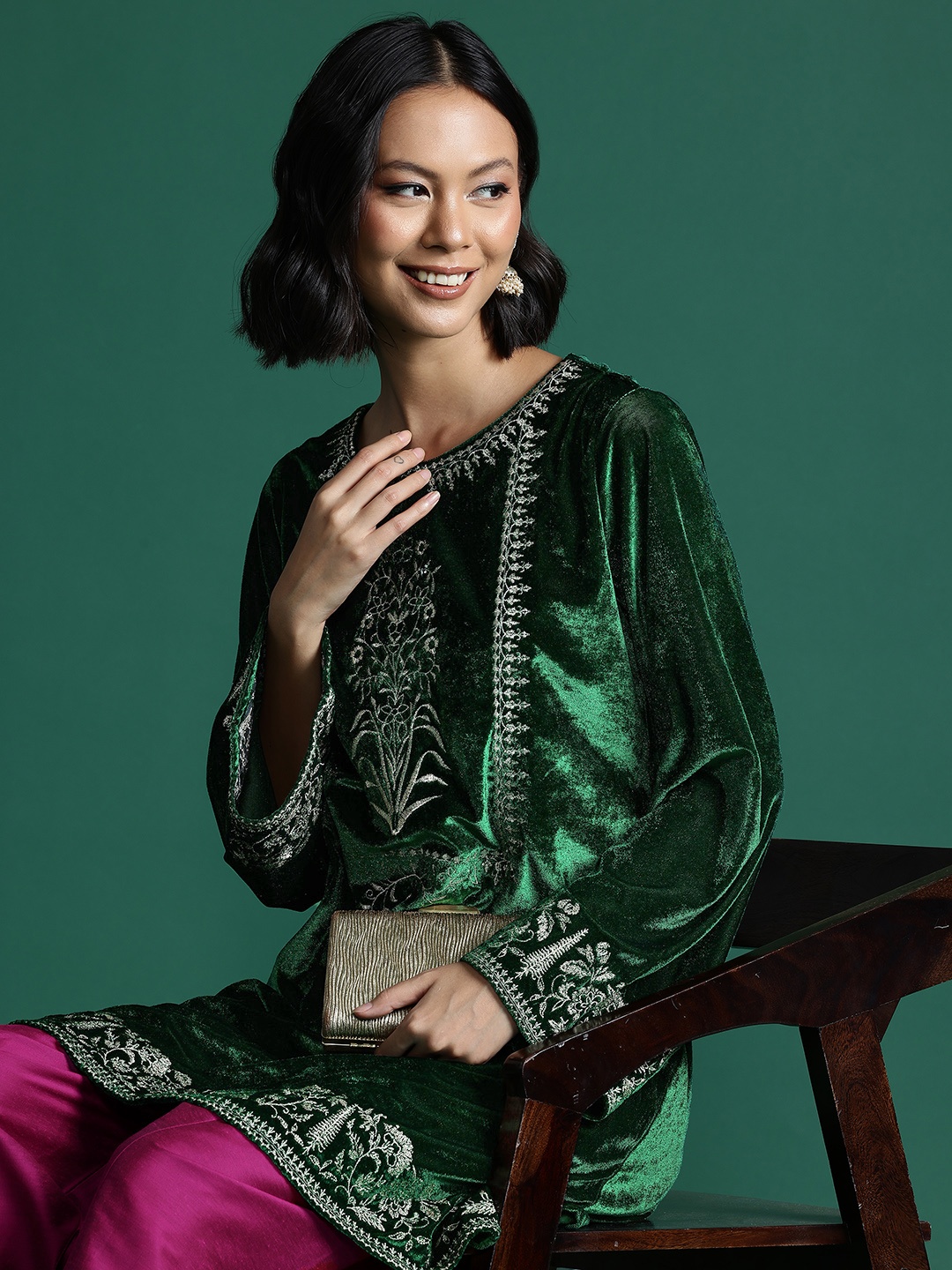 

Sangria Velvet Finish Embroidered Kurta with Salwar, Green