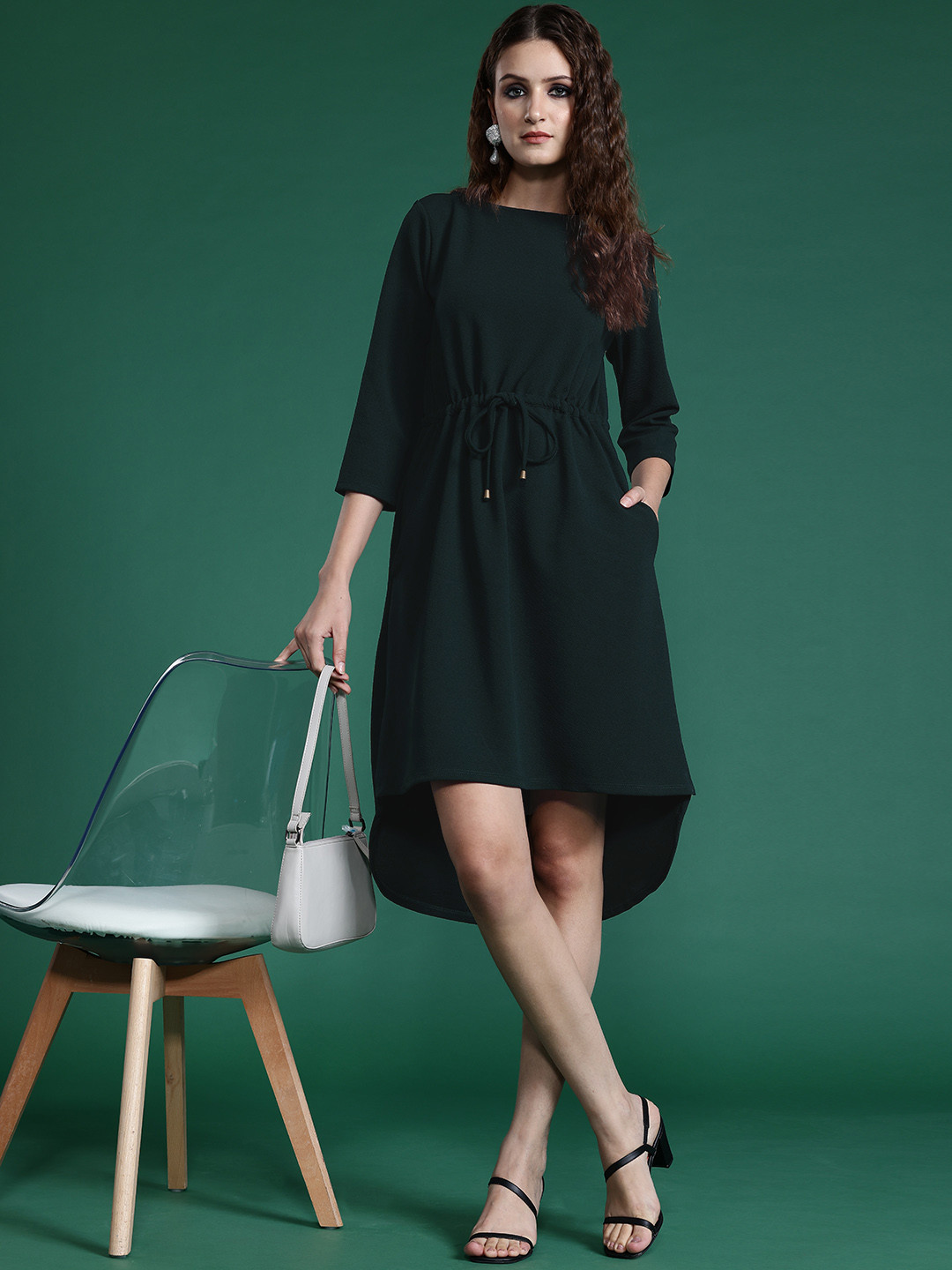 

Sangria Waist Tie-Up High-Low Hem A-Line Midi Dress, Green