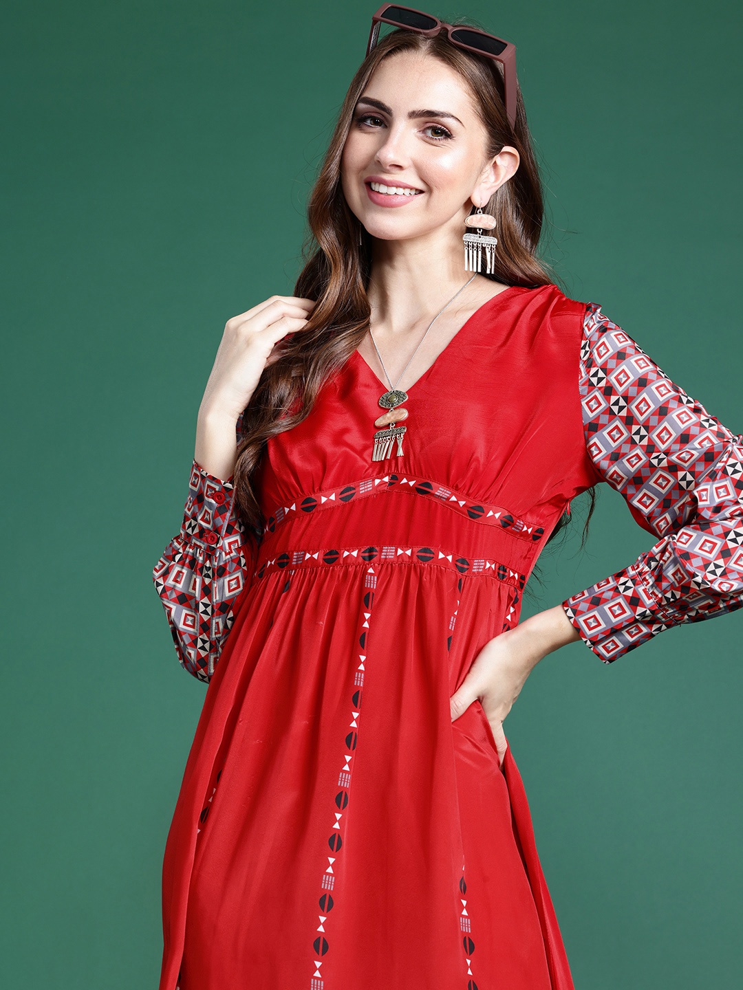 

Sangria Printed Detail A-Line Ethnic Dress, Red