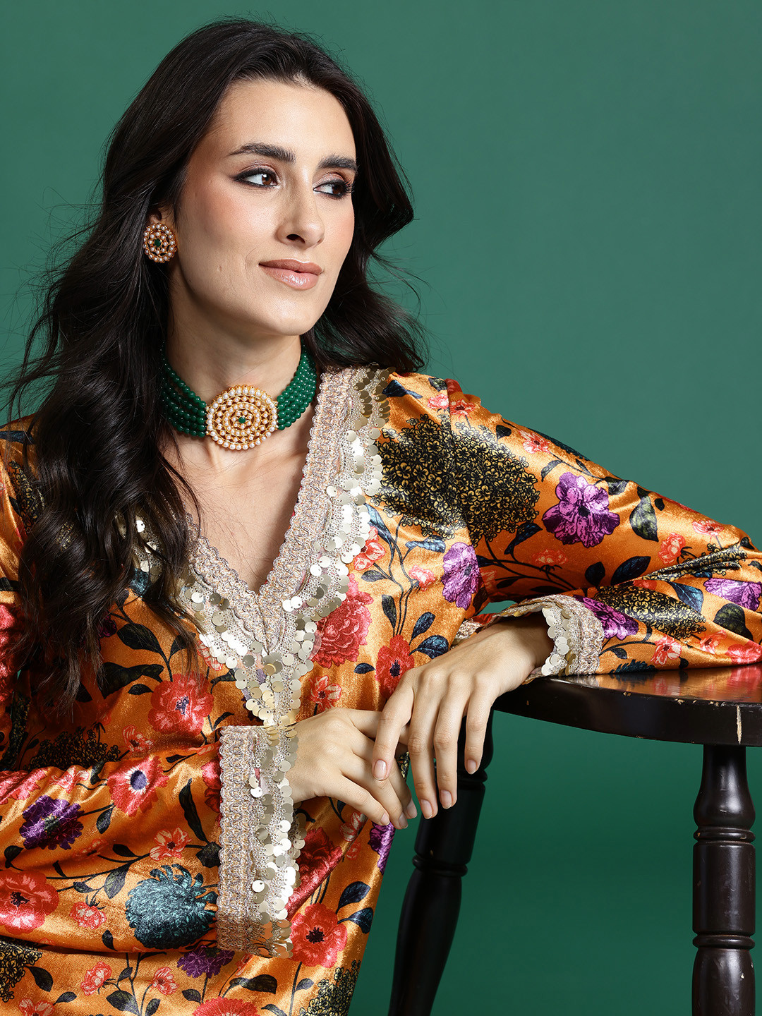 

Sangria Velvet Finish Floral Printed Flared Sleeves Sequin Detail Kurta, Yellow
