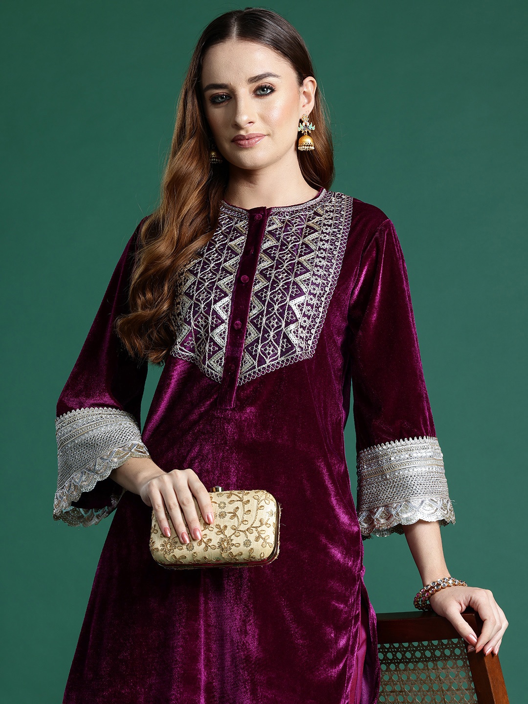 

Sangria Velvet Finish Yoke Design Kurta with Palazzos, Magenta