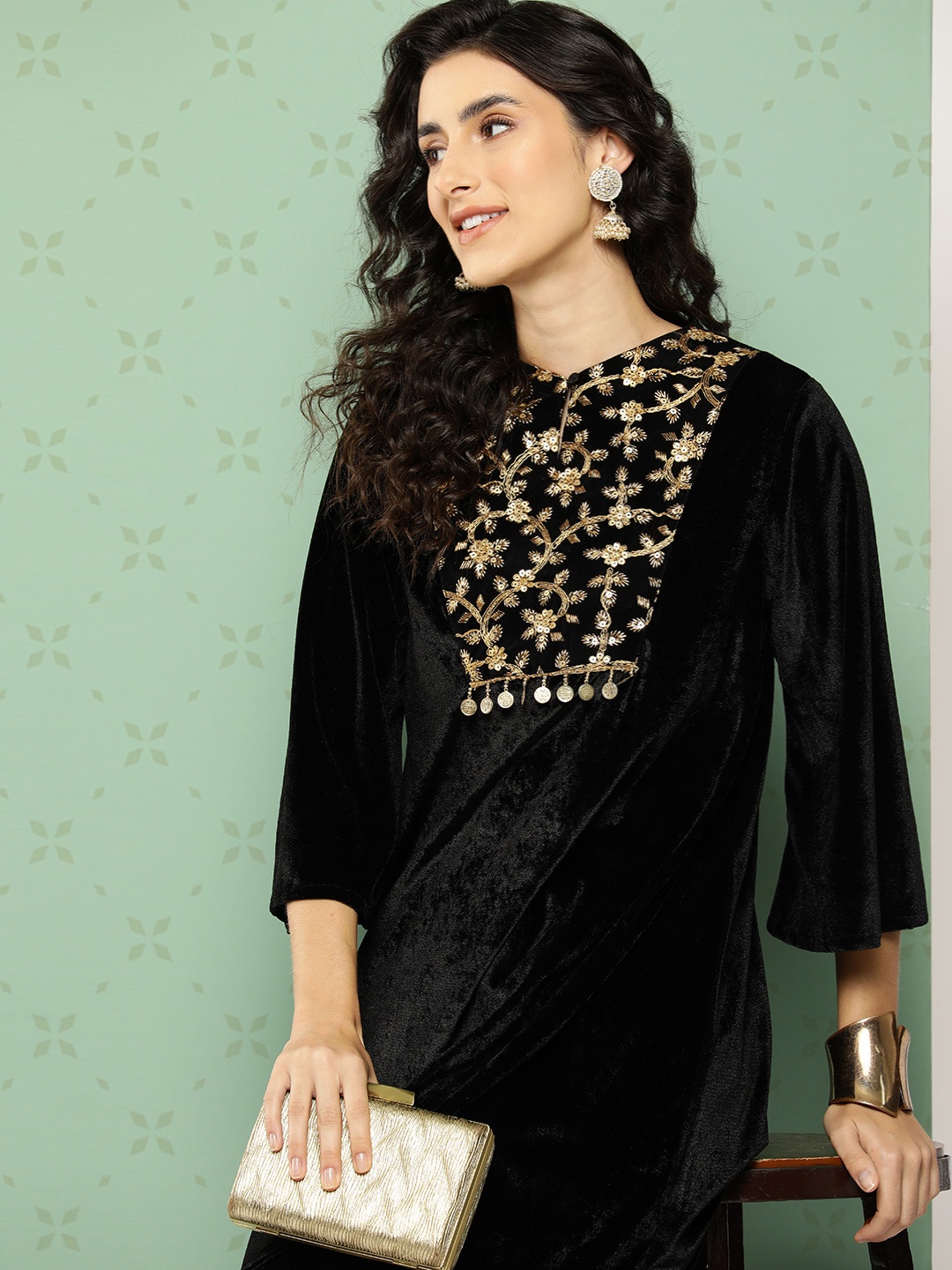 

Sangria Velvet Finish Yoke Design Regular Beads and Stones Kurta with Palazzos, Black