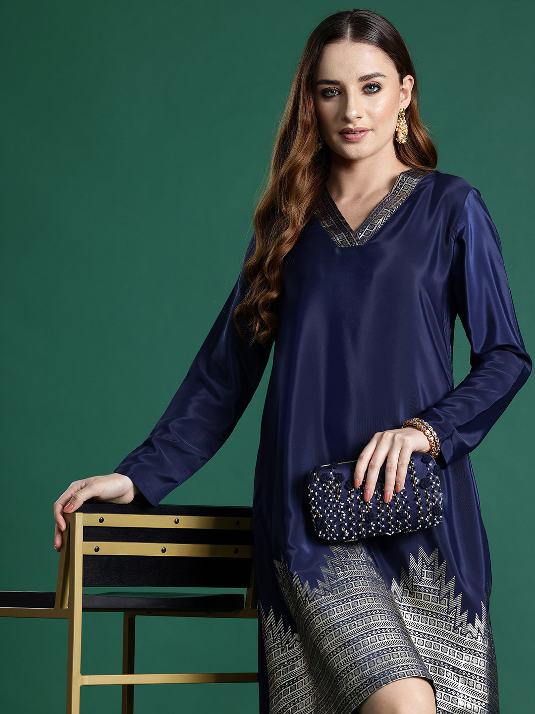 

Sangria Ethnic Printed Full-Sleeves A-Line Dress, Navy blue