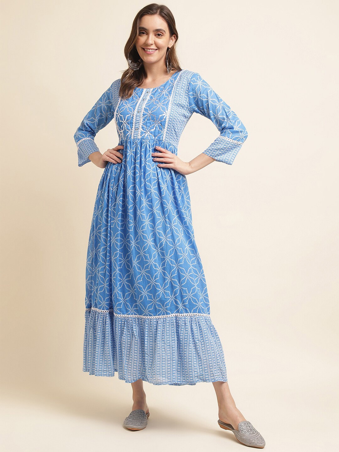 

KALINI Blue Cotton Geometeric Printed Sequined Fit & Flare Ethnic Dress