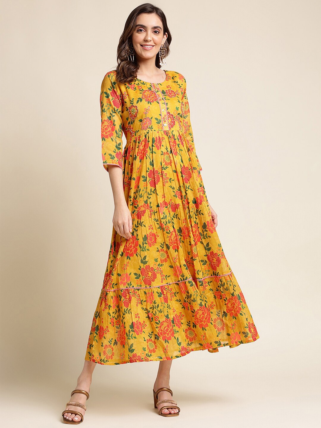 

Sangria Yellow & Red Floral Printed Embellished Cotton Fit & Flare Dress