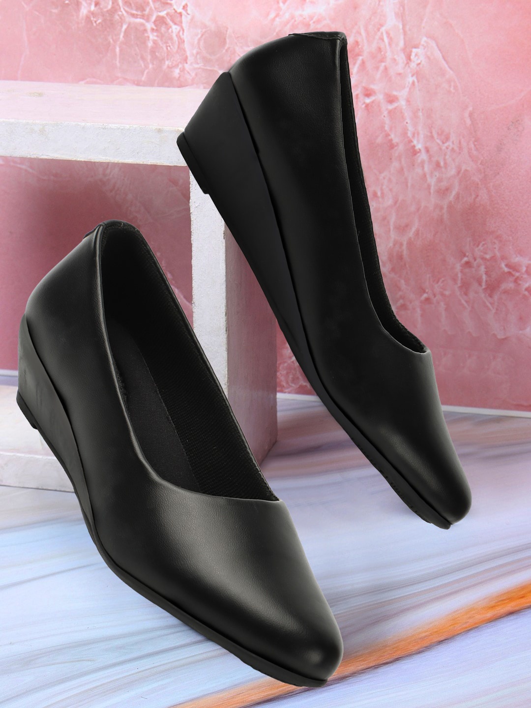 

ICONICS Pointed Toe Wedge Heel Pumps, Black