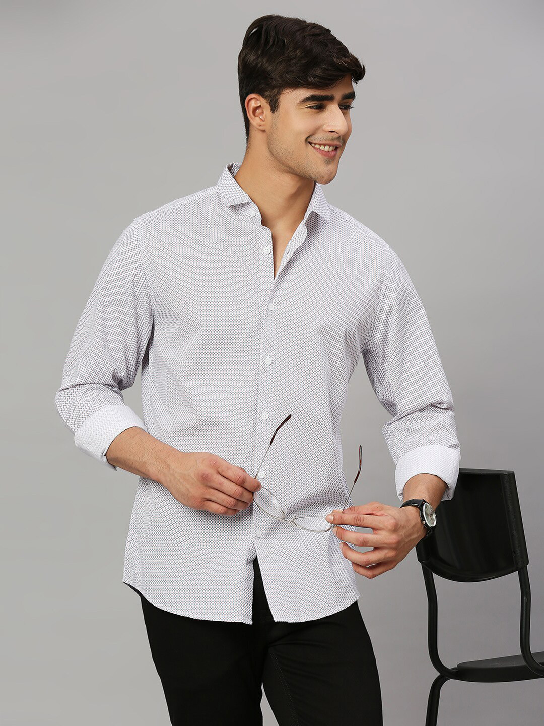 Mast & Harbour White Classic Micro Ditsy Printed Slim Fit Casual Shirt