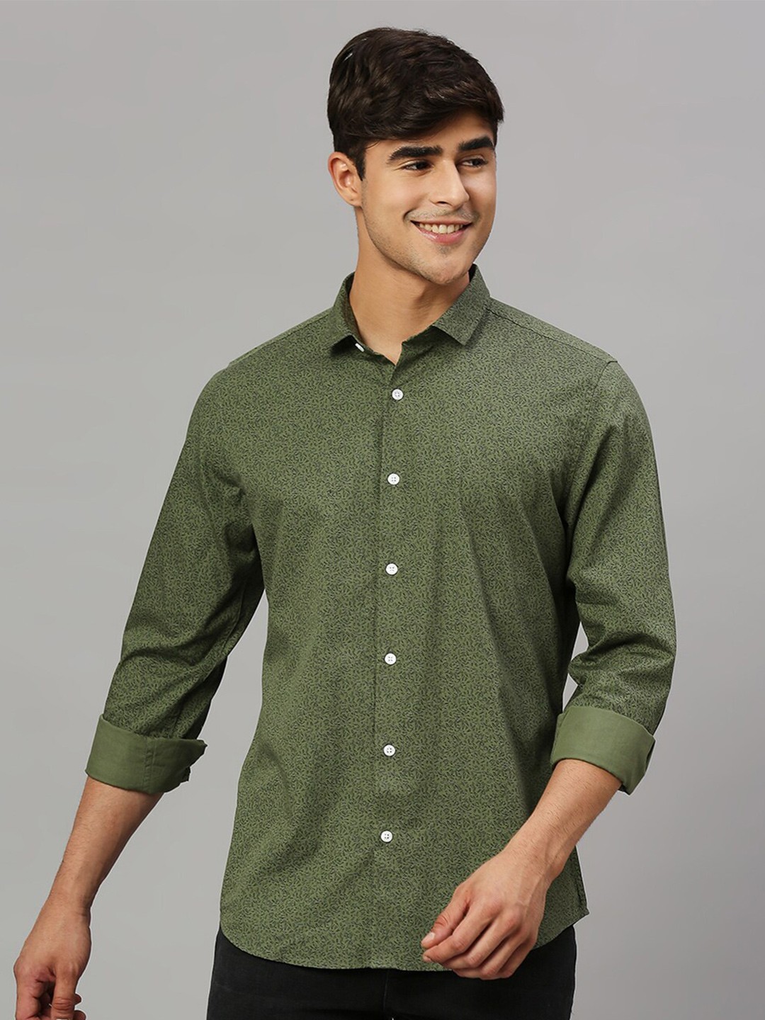 

Mast & Harbour Olive Green Classic Micro Ditsy Printed Slim Fit Casual Shirt