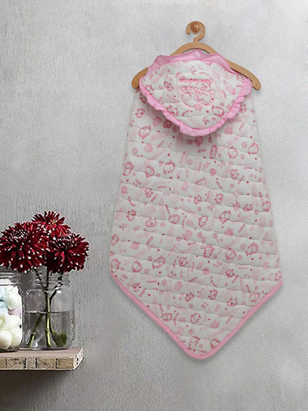 

FABINALIV Kids White & Pink Printed Cotton 420 GSM Hooded Bath Towel