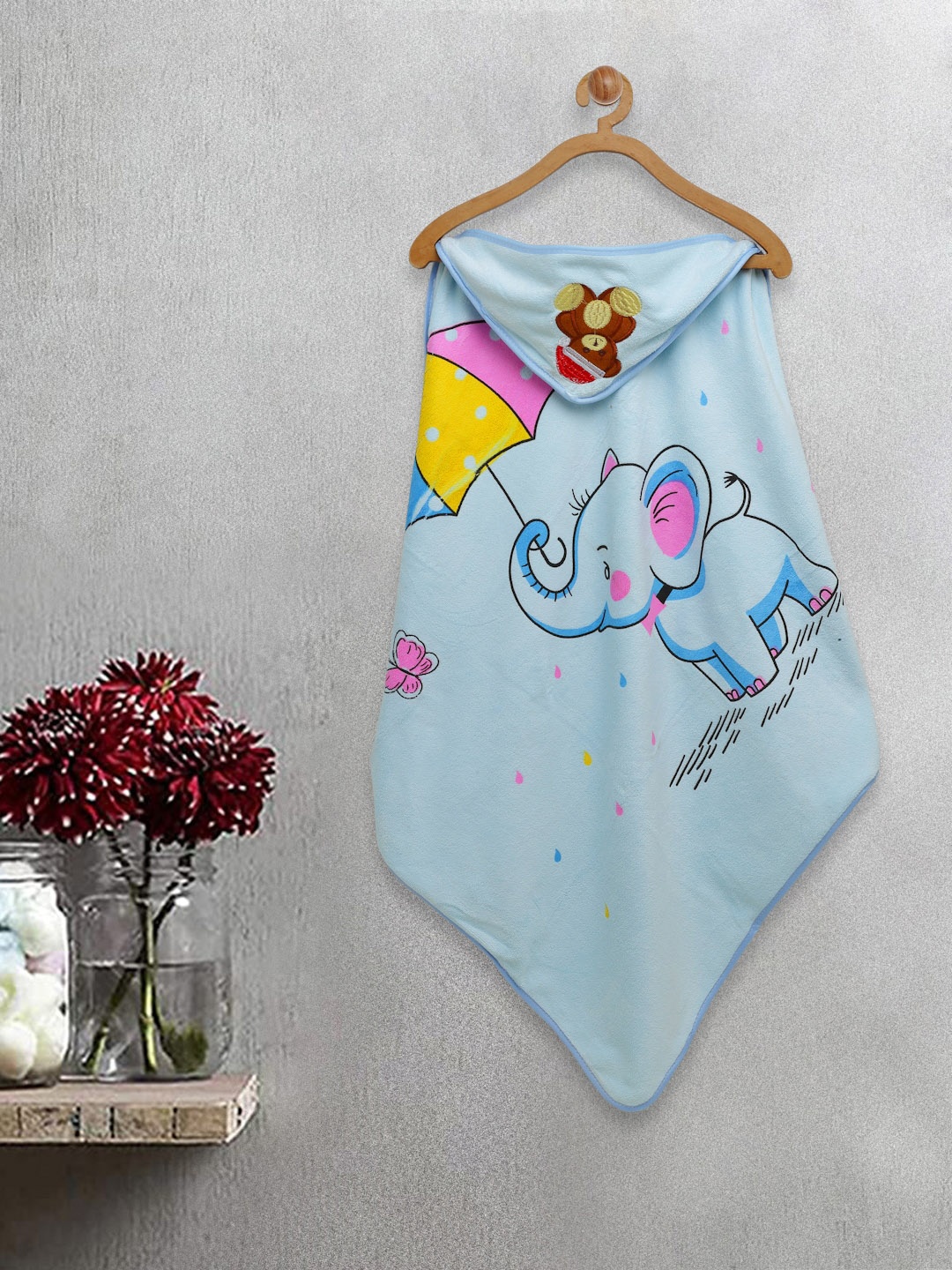 

FABINALIV Infants Blue Elephant Printed 420 GSM Cotton Hooded Bath Towel