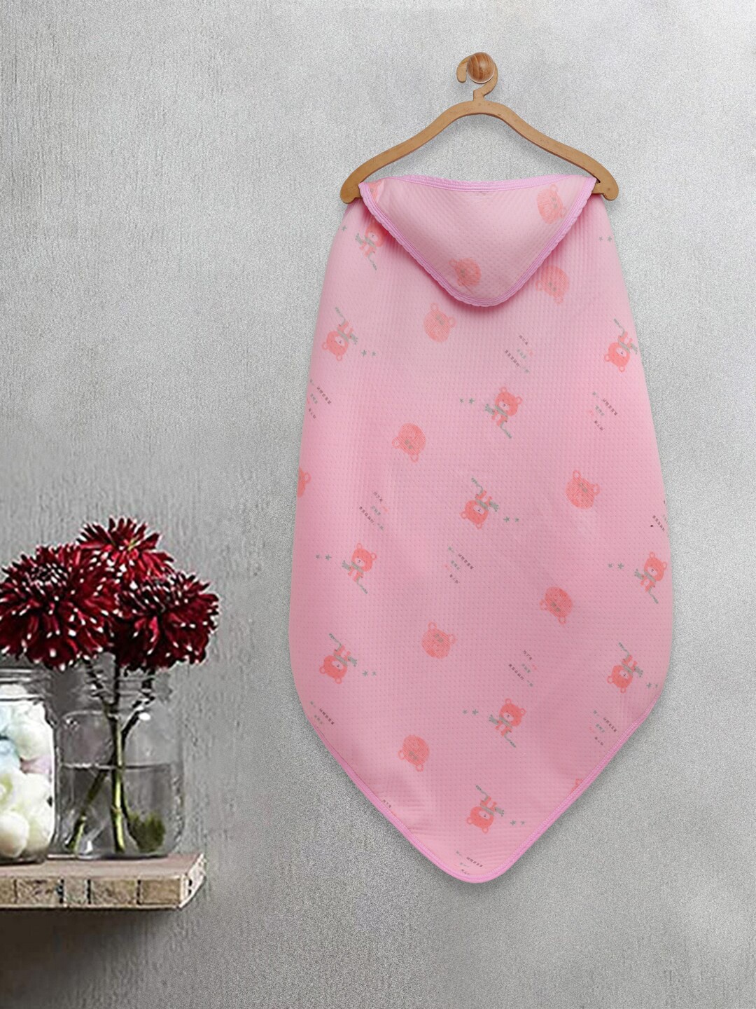 

FABINALIV Infants Pink Cartoon Printed 420 GSM Cotton Hooded Bath Towel