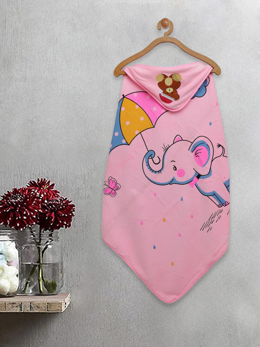 

FABINALIV Infants Pink Elephant Printed 420 GSM Cotton Hooded Bath Towel