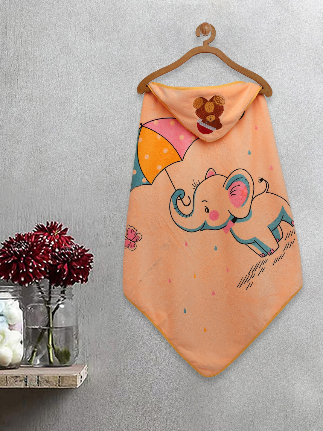 

FABINALIV Infants Peach-Colored Elephant Printed 420 GSM Cotton Hooded Bath Towel
